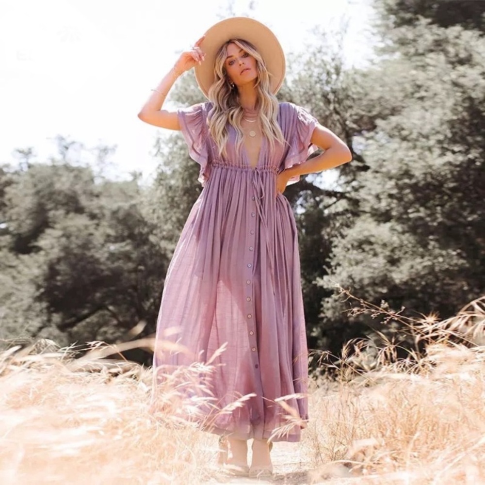 SOLD OUT Lavender Gauze Boho Button Maxi Dress - Picture 7 of 10